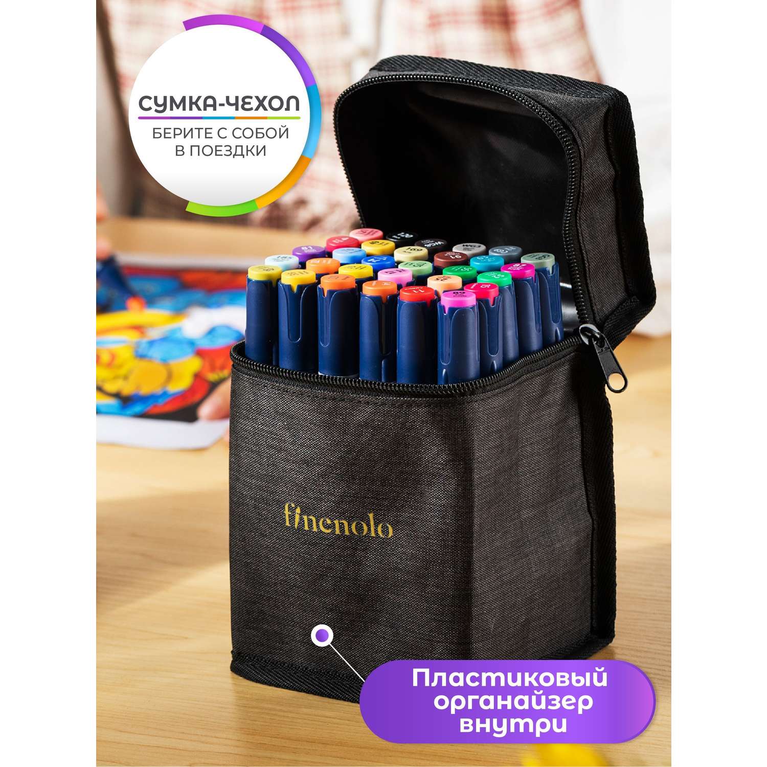 Набор спиртовых маркеров Finenolo 2 пера:кисть+долото 60 цветов в сумке-пенале - фото 4