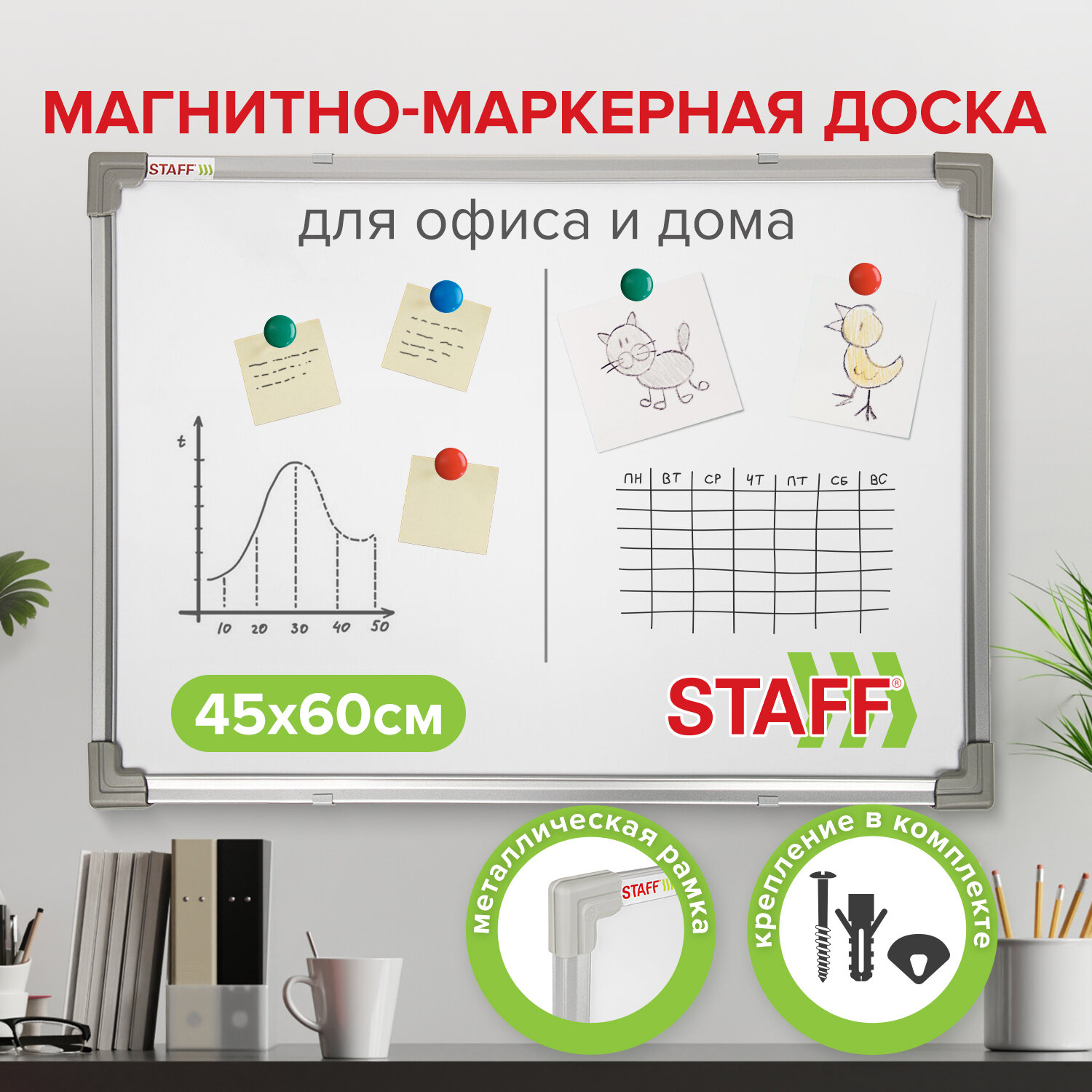 Доска демонстрационная Staff магнитно-маркерная на стену для офиса и дома - фото 1