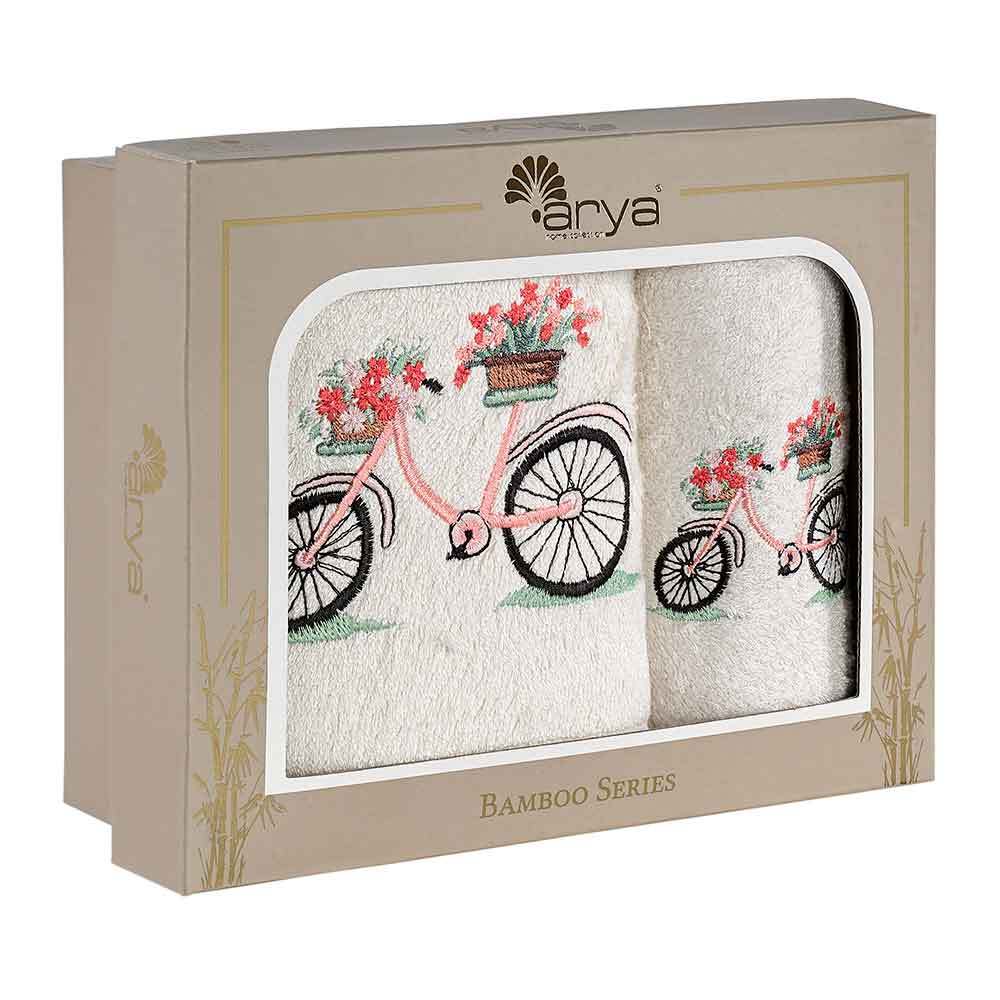 Набор полотенец с вышивкой Arya Home Collection Из бамбука 50x90-70x140 2 шт Bike Кремовый - фото 1