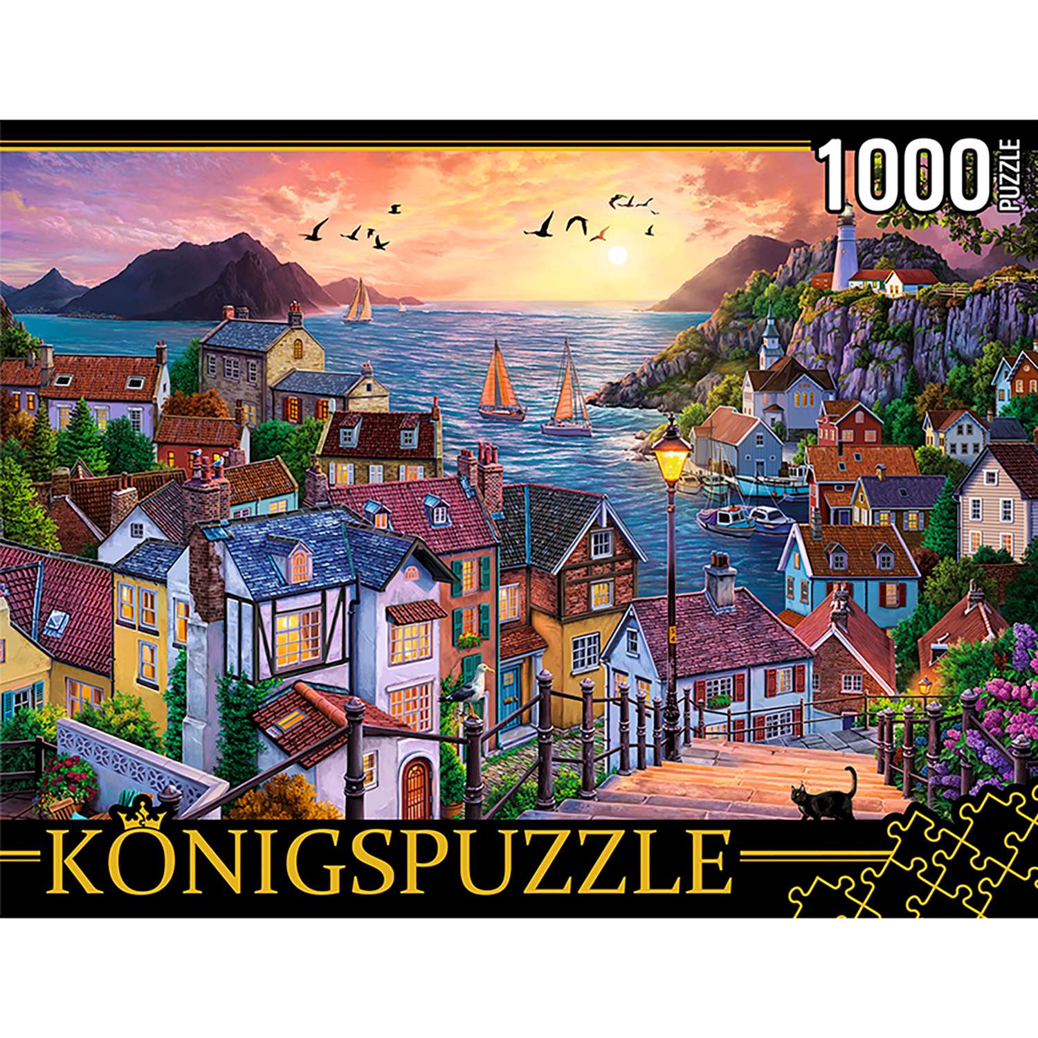 Пазл Рыжий кот Konigspuzzle Прибрежный город на закате ФK1000-3588 - фото 1
