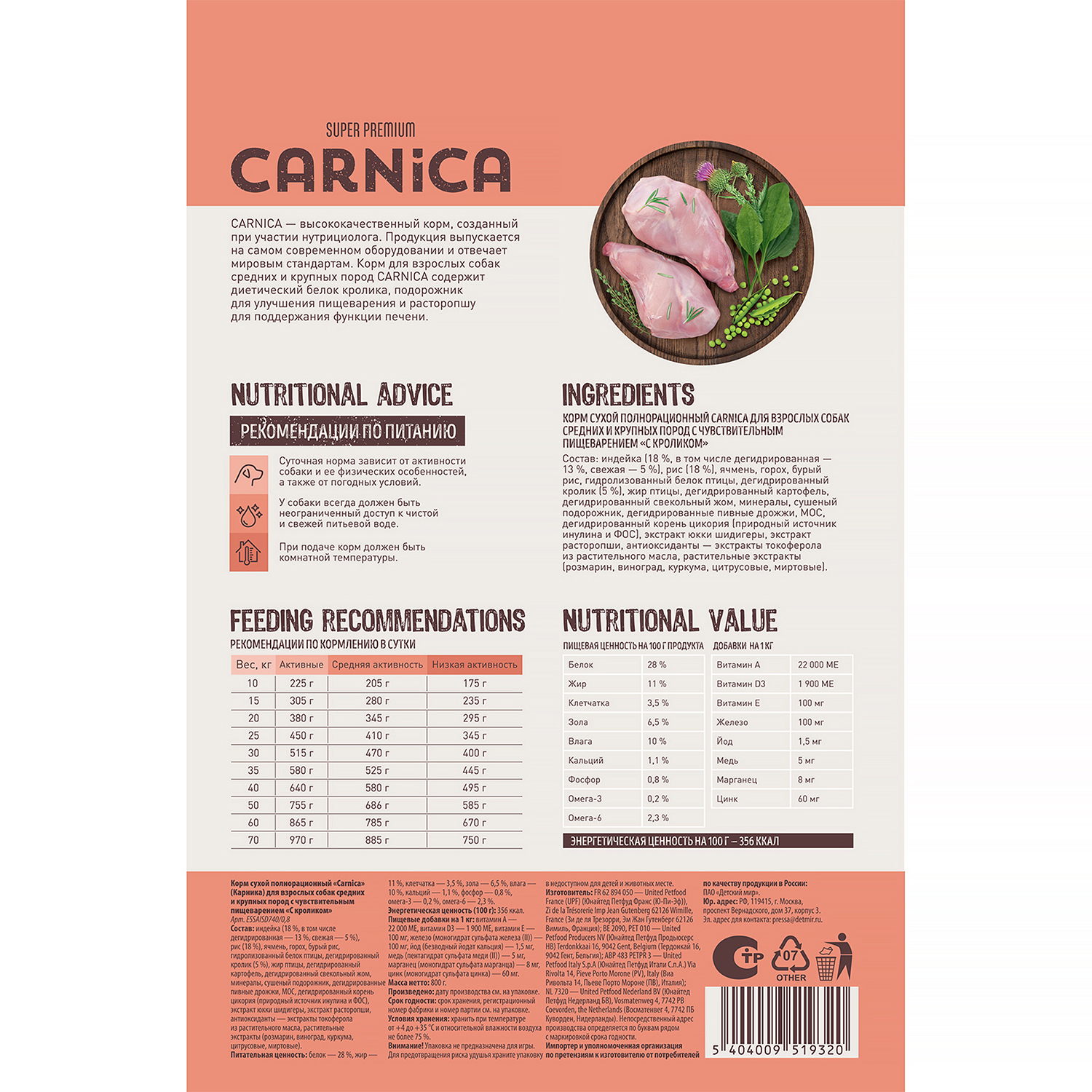 Сухой корм для собак CARNICA 0.8 кг кролик (при чувствительном пищеварении, полнорационный) - фото 3