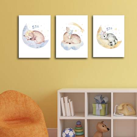 Комплект картин на холсте LOFTime Медвежонок олененок котенок сплюшки 30*40