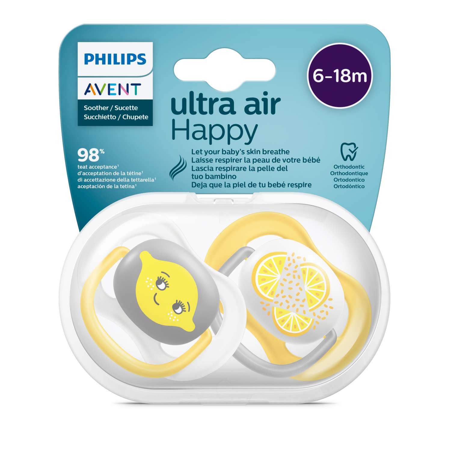 Пустышка Philips Avent Ultra Air Лимон-Апельсин 6-18месяцев 2шт SCF080/18 - фото 2