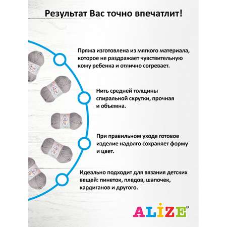 Пряжа для вязания Alize my baby 50 г 150 м акрил мягкая гипоаллергенная 21 серый меланж 5 мотков