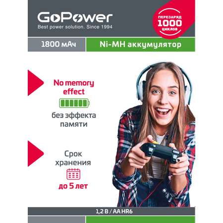 Аккумуляторные батарейки GoPower Аккумулятор бытовой GoPower HR6 AA BL2 NI-MH 1800mAh