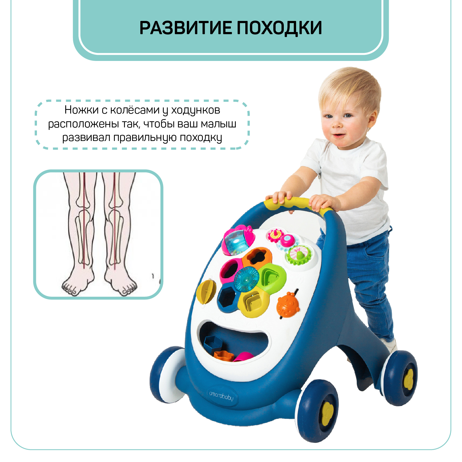 Каталка-ходунки Amarobaby Walking Way 2в1 музыкальная Синий - фото 8