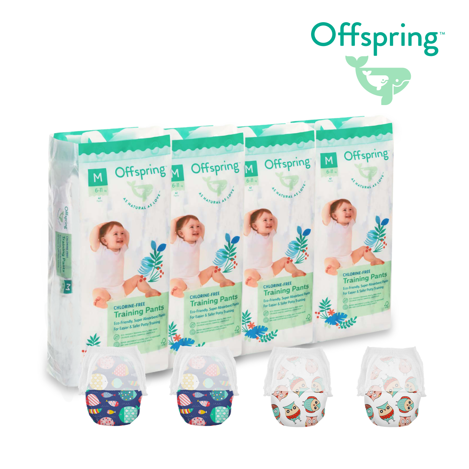 Трусики-подгузники Offspring L 9-14 кг. 2+2 144 шт Рыбки и Совы - фото 1