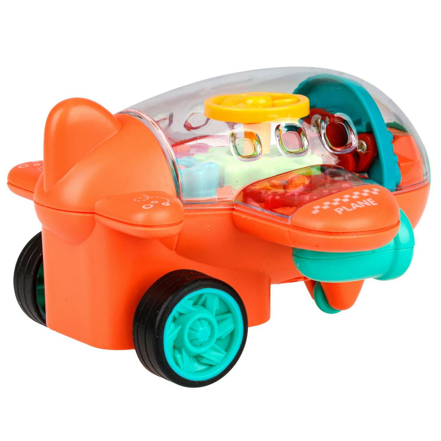 Самолет игрушка для детей 1TOY Движок оранжевый прозрачный с шестеренками светящийся на батарейках - фото 2