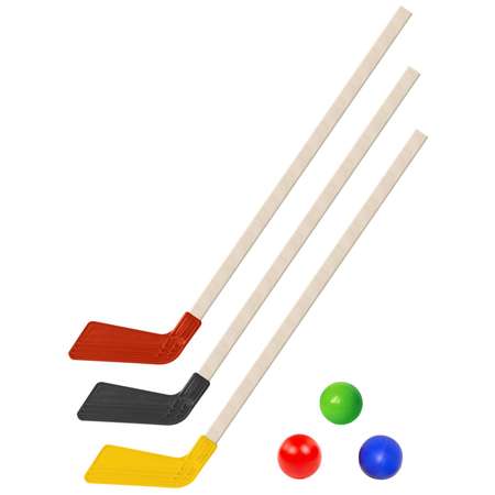 Набор для хоккея Задира Клюшка хоккейная детская 3 шт черная + красная + желтая+ 3 мяча
