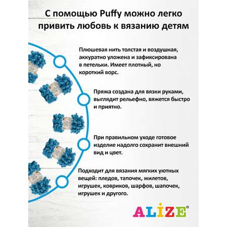 Пряжа для вязания Alize puffy 100 г 9 м микрополиэстер фантазийная плюшевая 294 петроль 5 мотков