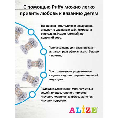 Пряжа для вязания Alize puffy 100 г 9 м микрополиэстер фантазийная плюшевая 416 св.серый 5 мотков