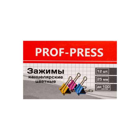 Зажим для бумаг Prof-Press цветной 25мм набор 12шт в карт коробке