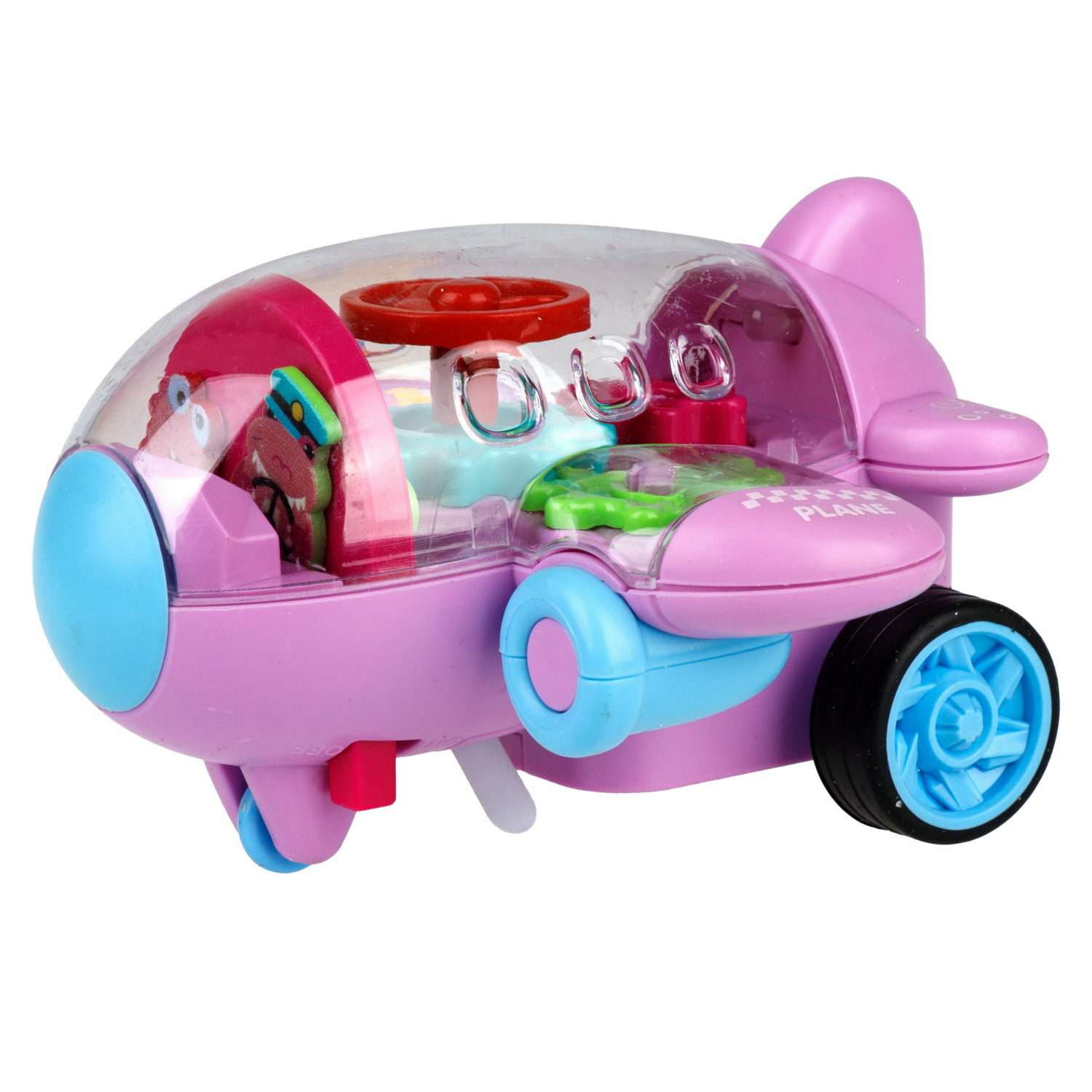 Самолет игрушка для детей 1TOY Движок розовый прозрачный с шестеренками светящийся на батарейках - фото 1