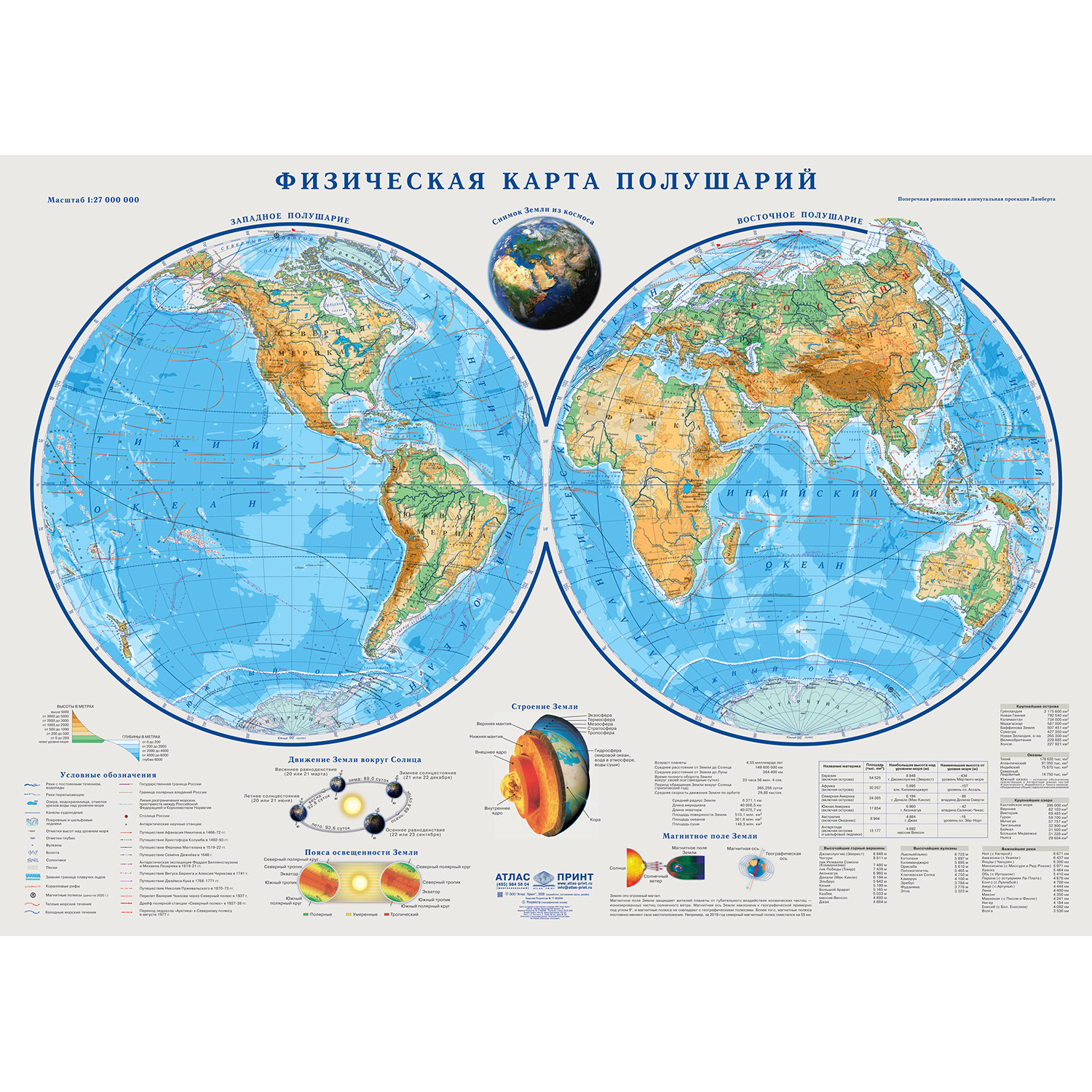 Карта настенная Атлас Принт Полушария физическая 1.43x1.02 м купить по цене  899 ₽ в интернет-магазине Детский мир