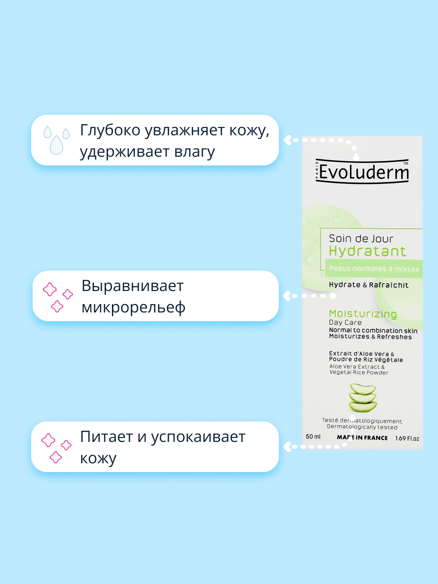 Крем для лица Evoluderm дневной с экстрактом алоэ вера и рисовой пудрой увлажняющий 50 мл - фото 3