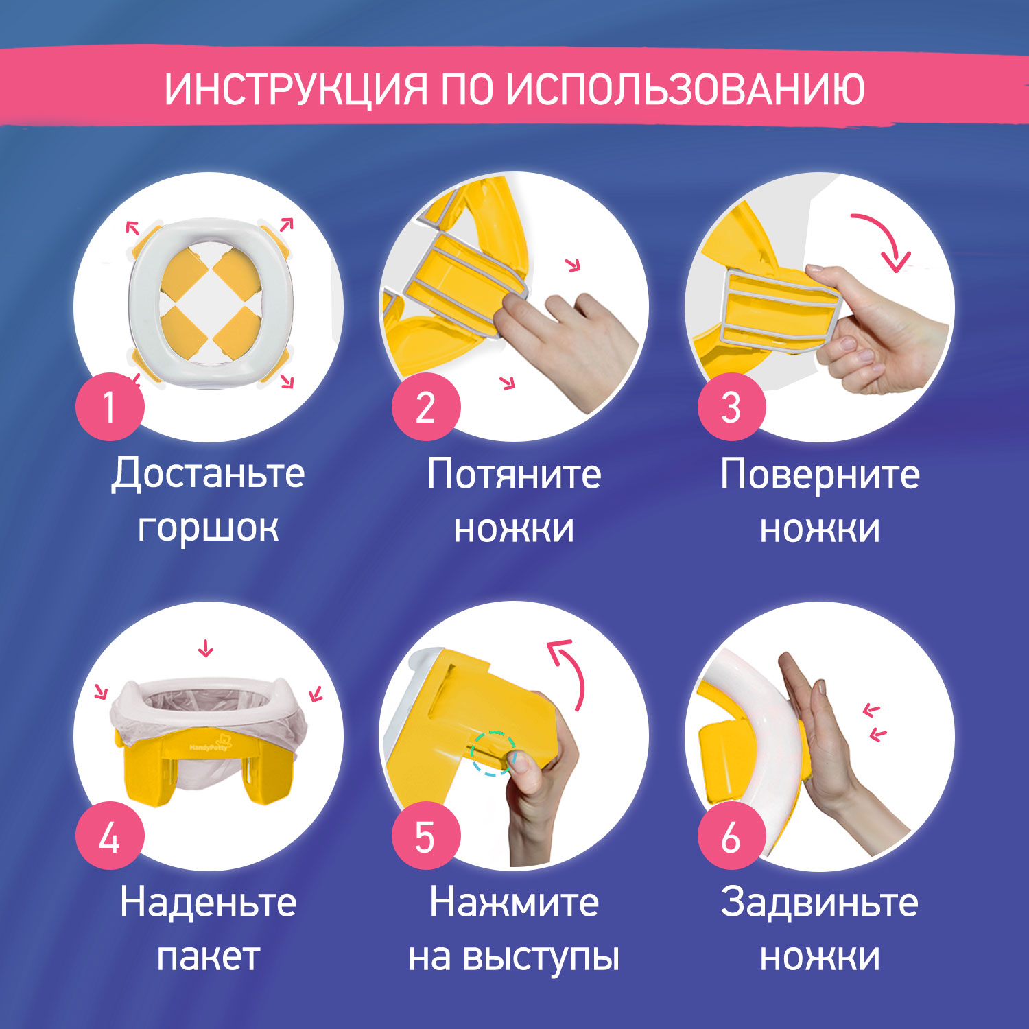 Горшок дорожный ROXY-KIDS складной и насадка на унитаз HandyPotty с тремя пакетами цвет желтый - фото 9