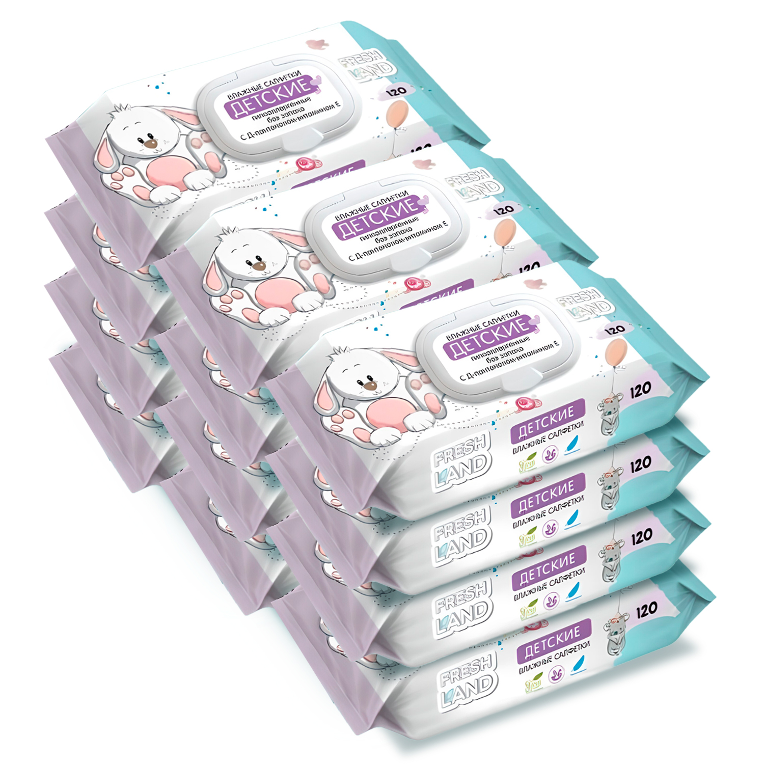 Влажные салфетки детские FRESHLAND Зайчонок с Д-Пантенолом гипоаллергенные 12х120 шт. - фото 1