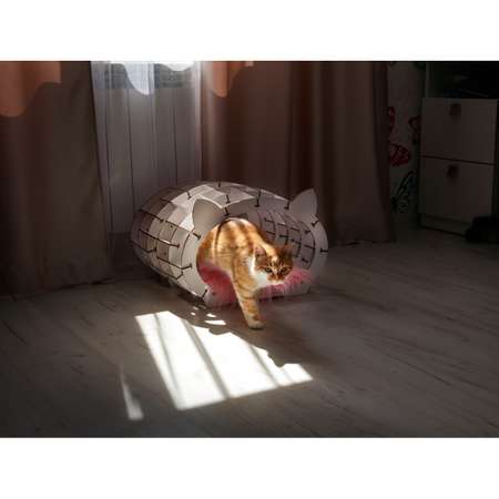 Домик для животных Eco Wood Art (EWA) лежанка с мехом Кошкин дом бежевый каркас белый мех