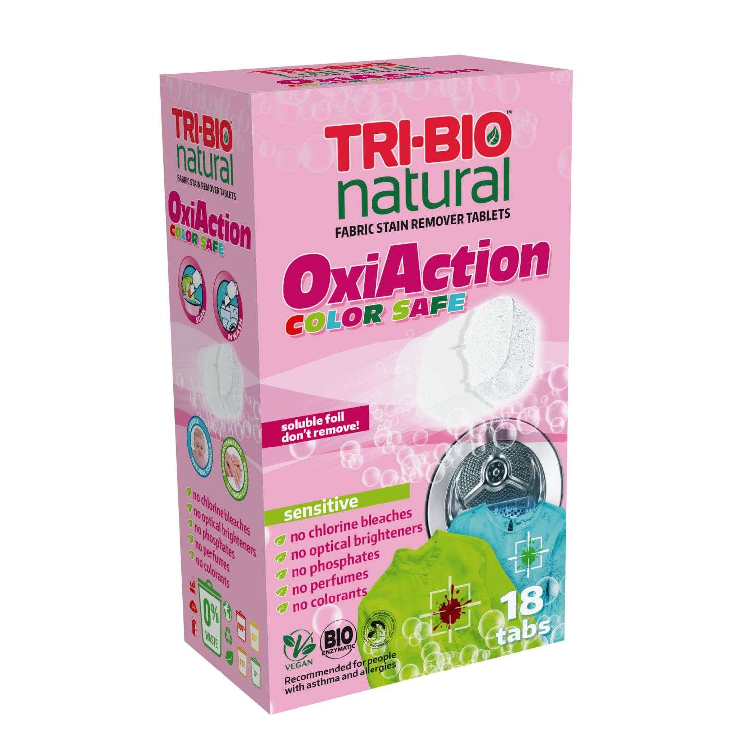Таблетки-пятновыводитель TRI-BIO OXY-ACTION для стирки цветного белья 18 шт - фото 1