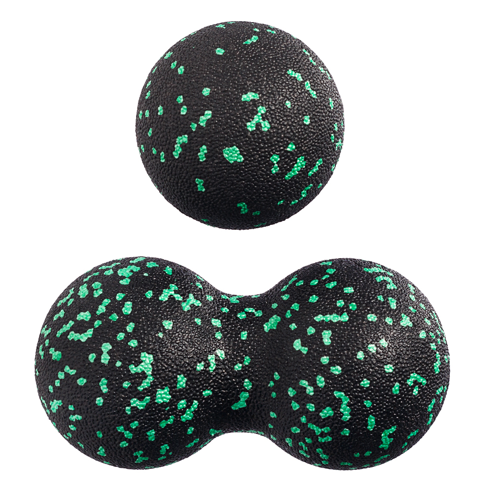Набор массажных мячей МФР STRONG BODY классический и сдвоенный: 8 см и 8х16 см черно-зеленый - фото 4