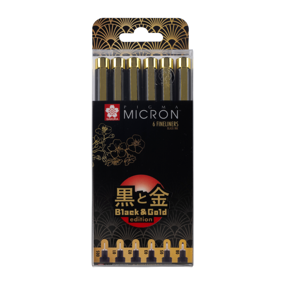 Набор черных капиллярных ручек SAKURA Pigma Micron Gold Limited Edition 6 штук - фото 1