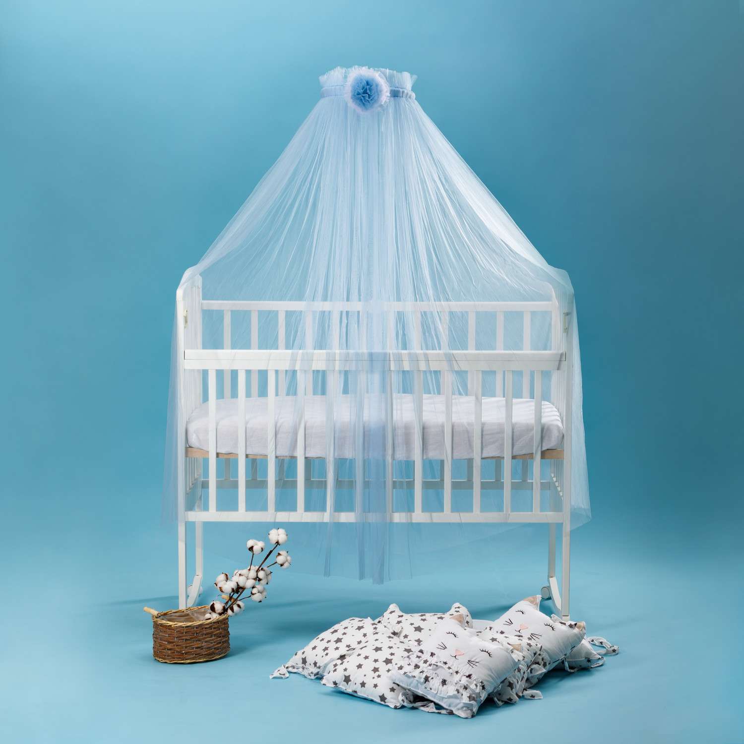 Набор для кроватки BABY STYLE балдахин голубой цветок и кронштейн - фото 1