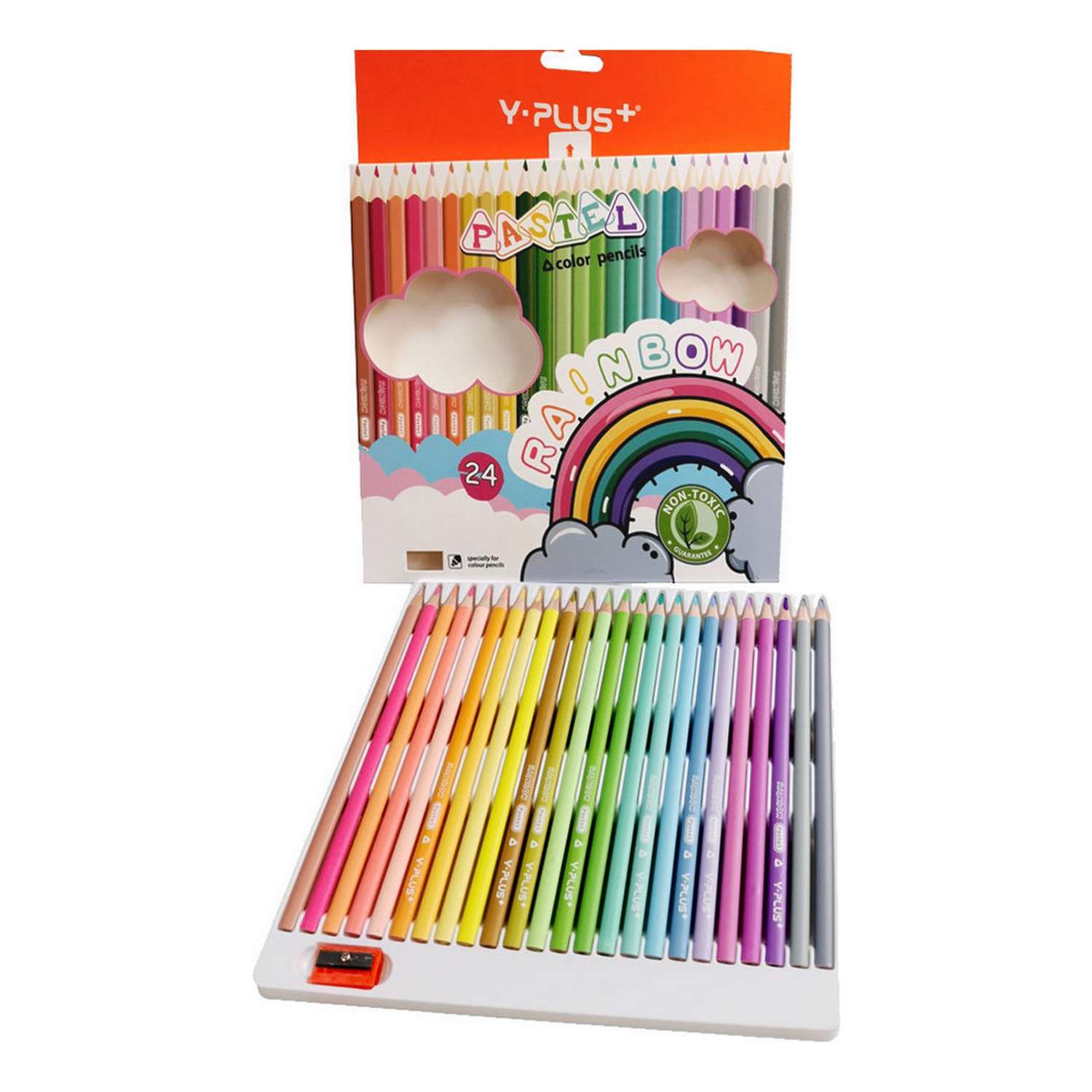 Карандаши цветные Y-plus пастельные Rainbow Pastel трехгранные набор 24 цвета и точилка - фото 3