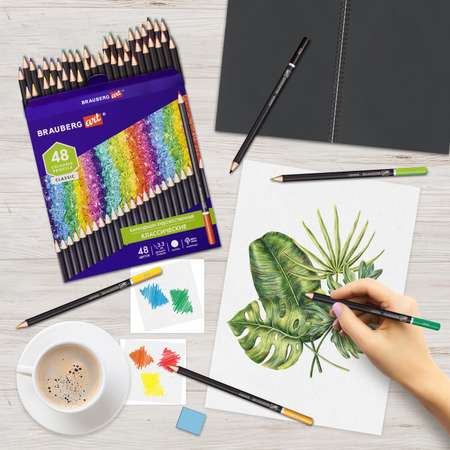 Карандаши цветные Brauberg художественные для рисования 48 цветов с мягким грифелем
