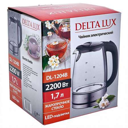 Электрический чайник Delta Lux DL-1204В корпус из жаропрочного стекла чёрный 2200 Вт