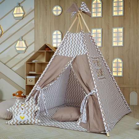 Игровая палатка ВигваМАМ Кофейный зигзаг с подушкой-игрушкой и ковриком прикроватным