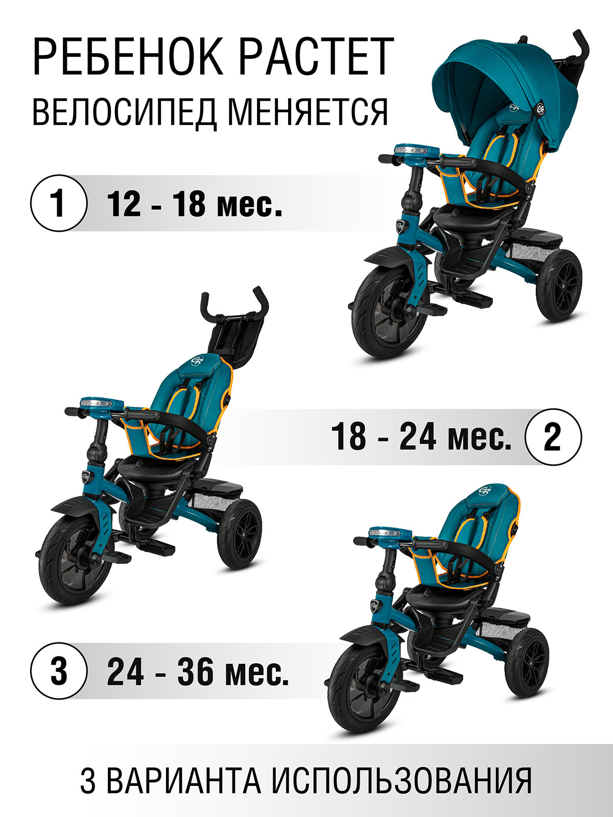 Велосипед-коляска детский трехколесный CITYRIDE Lunar 2.0 колеса 12/10 бирюза - фото 7