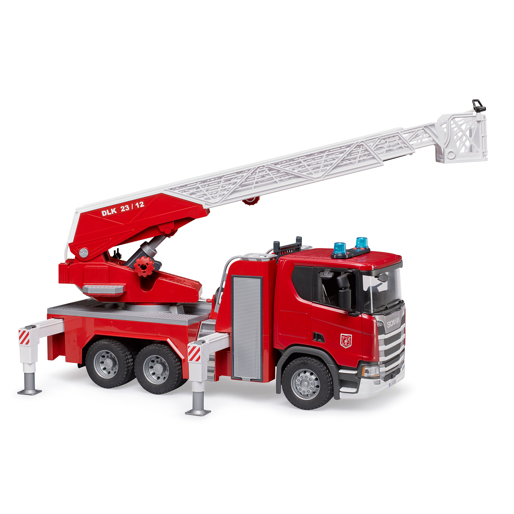 Bruder Scania Super 560R Feuerwehr mit Drehleiter Wasserpumpe Light & Sound