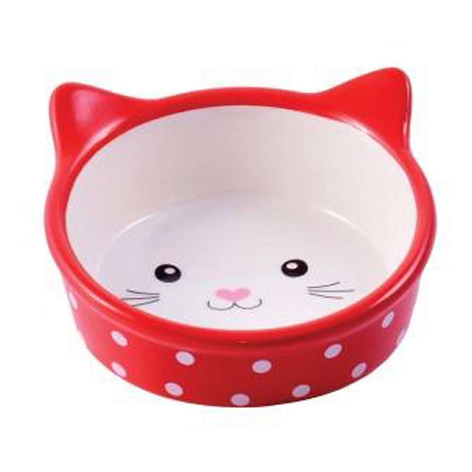 Миска для кошек Mr.Kranch Мордочка кошки керамическая 250мл Красная в горошек - фото 1