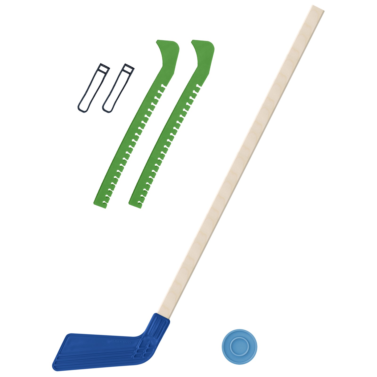 Набор для хоккея Задира Клюшка хоккейная детская синяя 80 см + шайба + Чехлы для коньков зеленые - фото 1