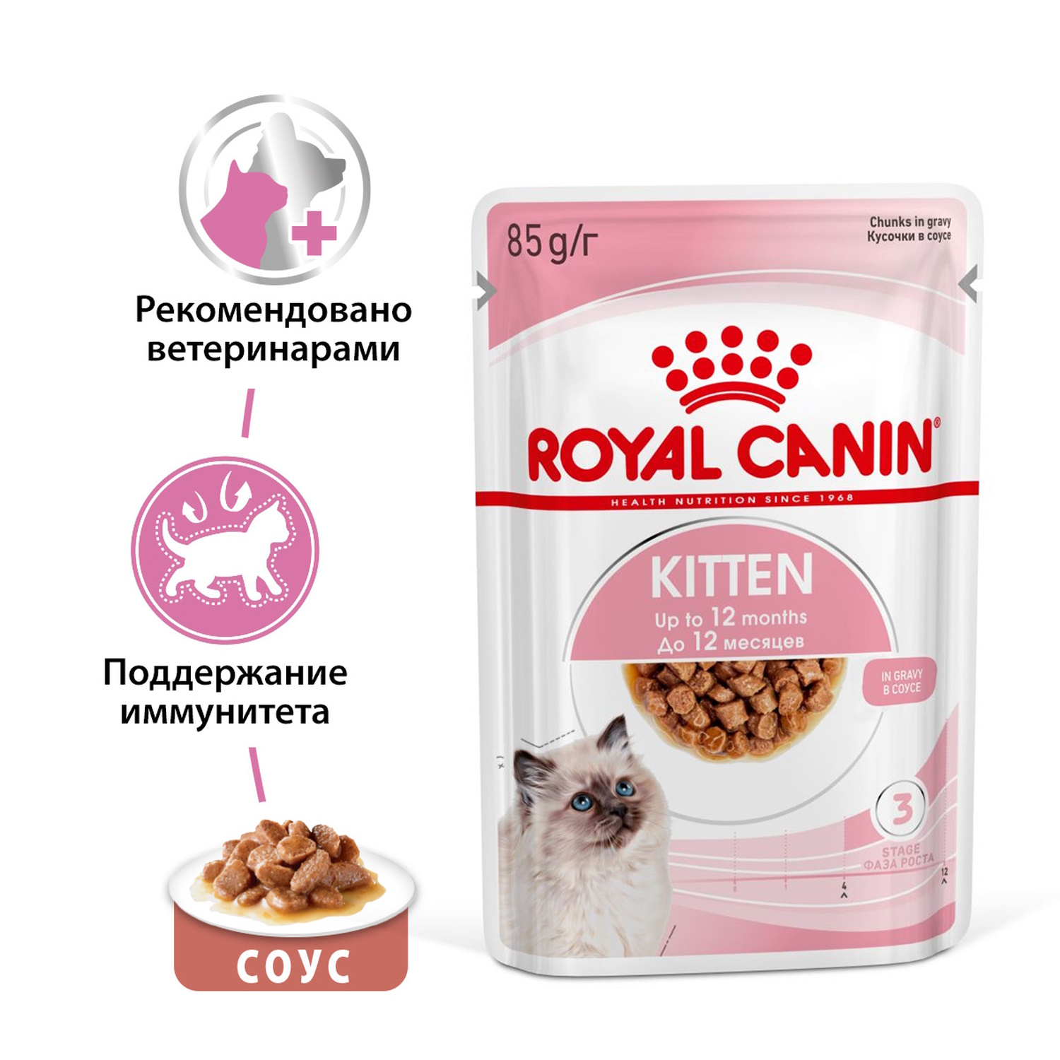 Корм влажный для котят ROYAL CANIN Kitten 85г кусочки в соусе 77851