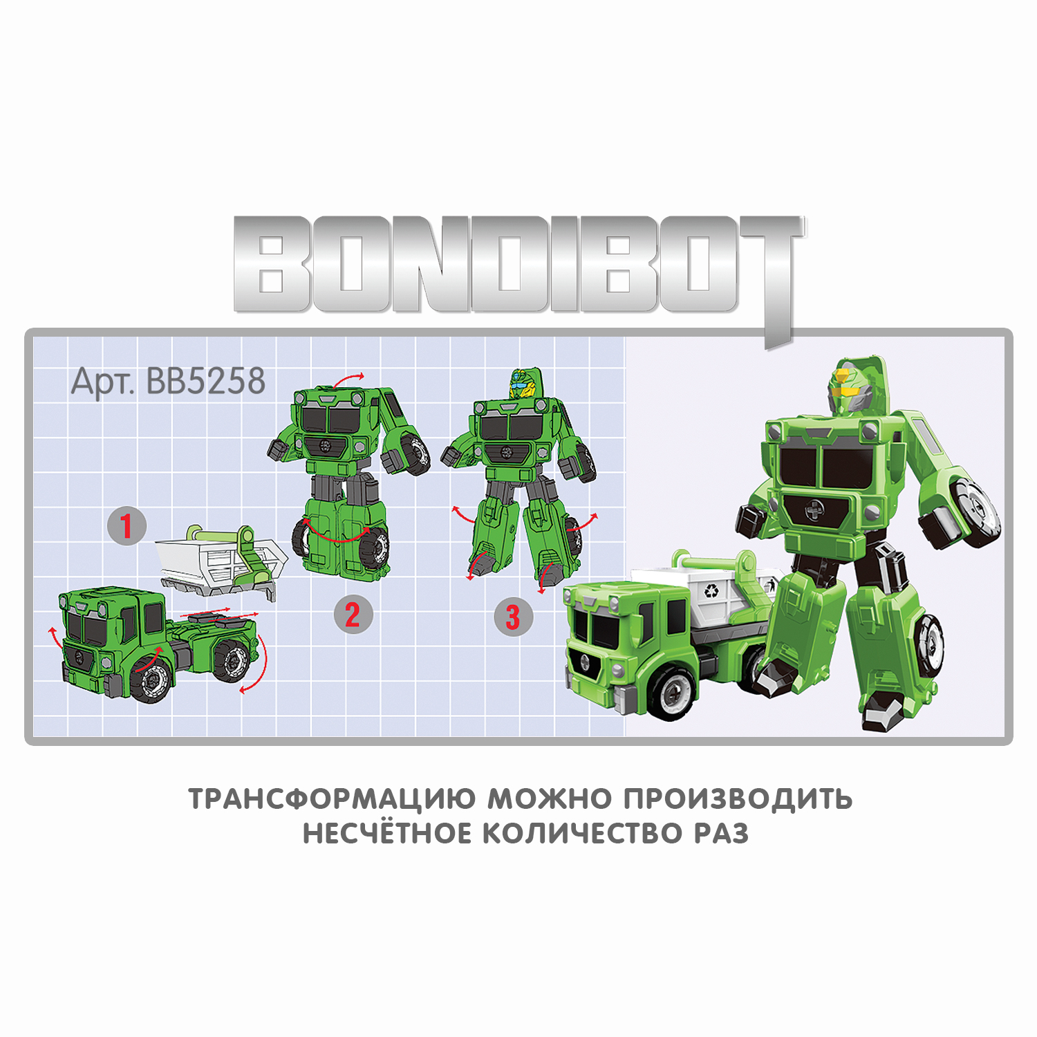 Трансформер-конструктор BONDIBON Bondibot Робот-мусоровоз 2 в 1 бело-зеленого цвета с отвёрткой - фото 8