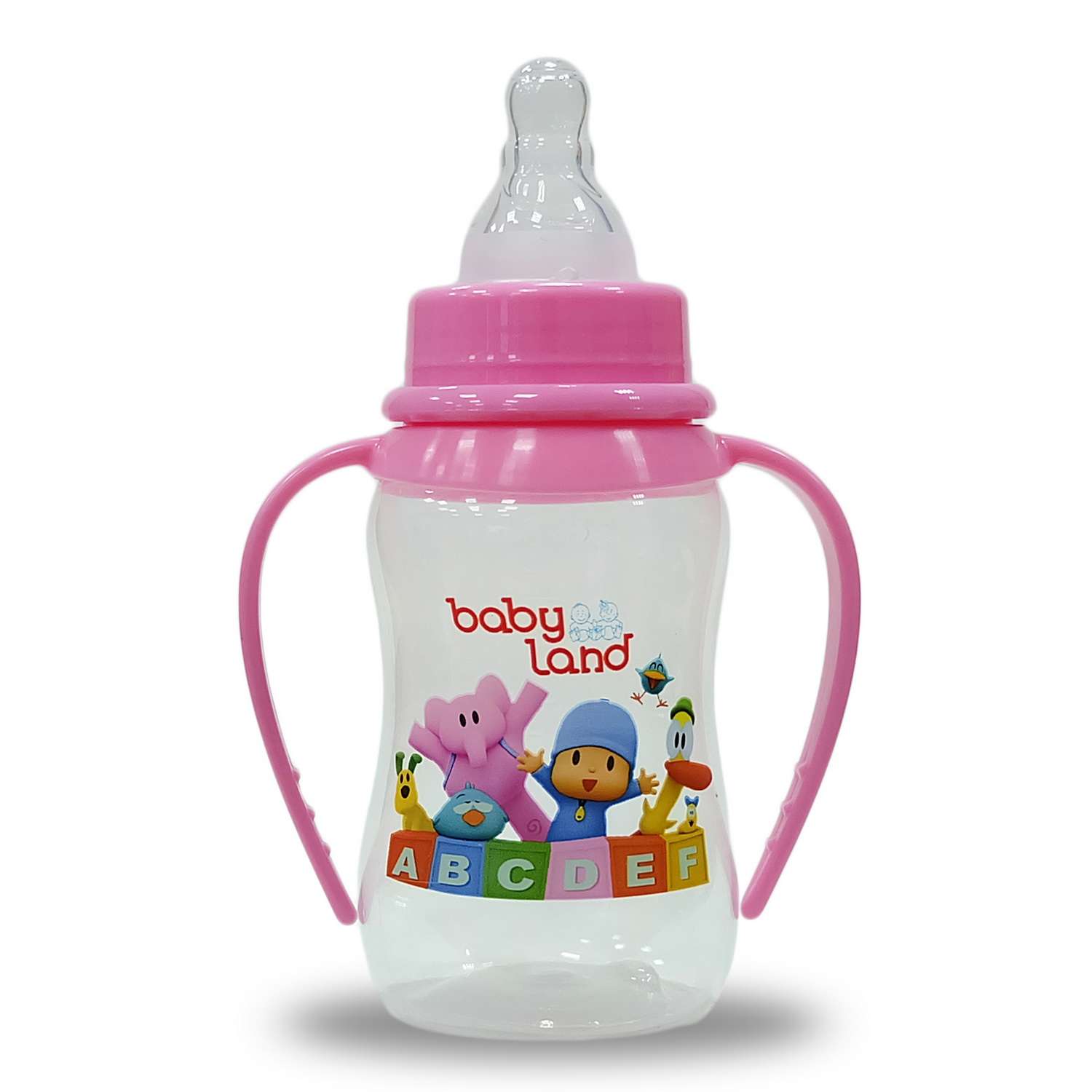 Бутылочка Baby Land с ручками и колпачком-игрушкой 150мл с силиконовой соской Air System розовый - фото 2