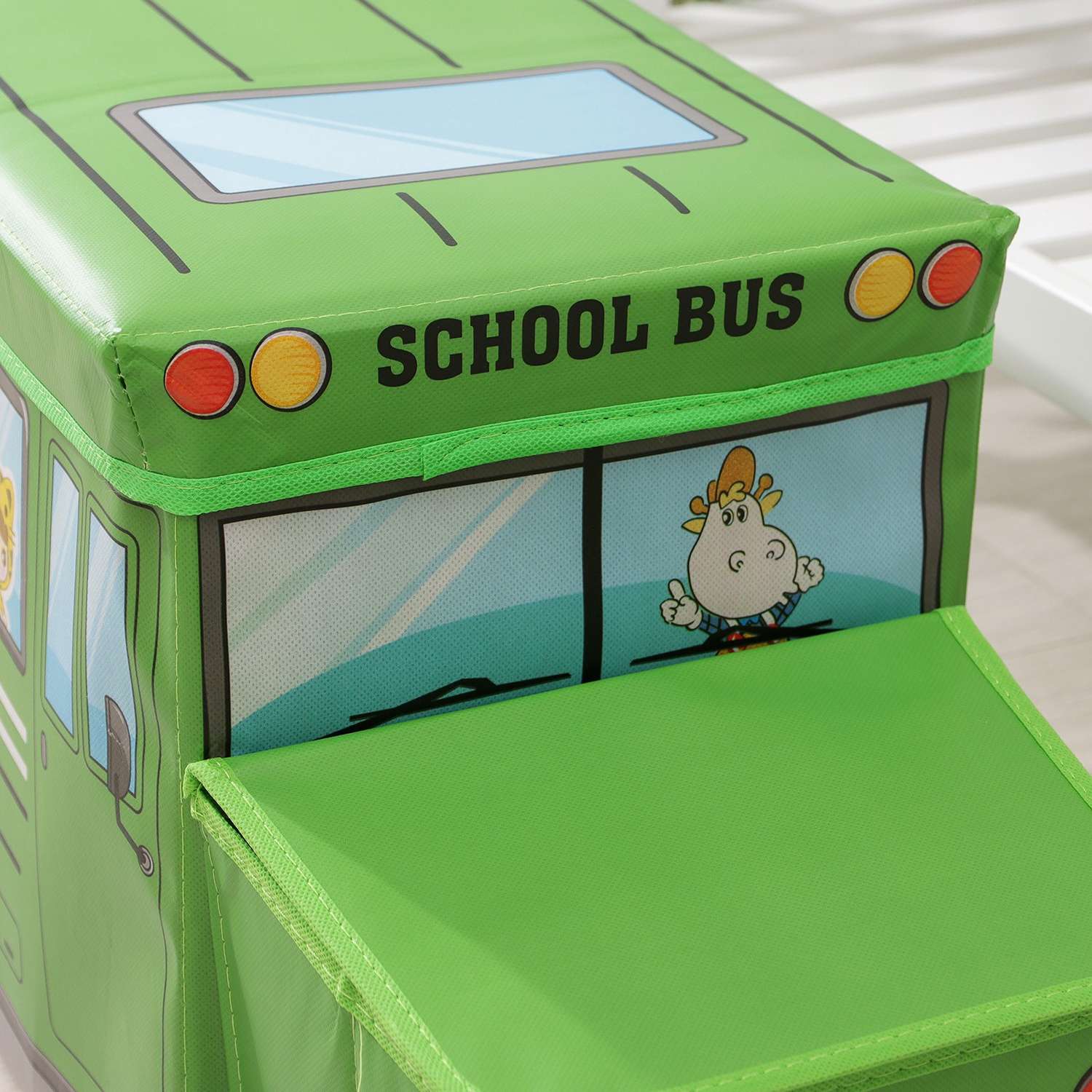 Короб Школа Талантов стеллажный для хранения с крышкой «Школьный автобус» 55×26×32 см 2 отделения цвет зелёный - фото 6