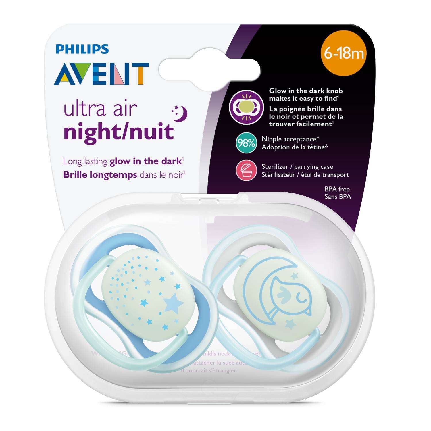 Светящаяся соска-пустышка Philips Avent ultra air night SCF376/21 силиконовая, с футляром для хранения и стерилизации, 6-18 мес, 2 шт - фото 15