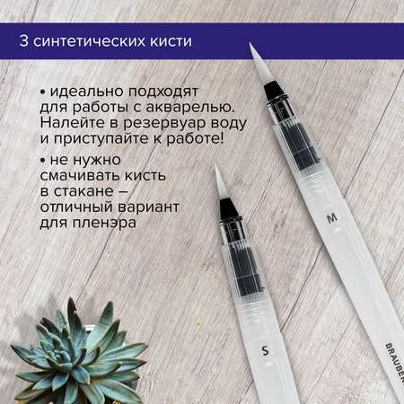 Кисти художественные Brauberg профессиональные синтетические 3 шт с резервуаром для воды