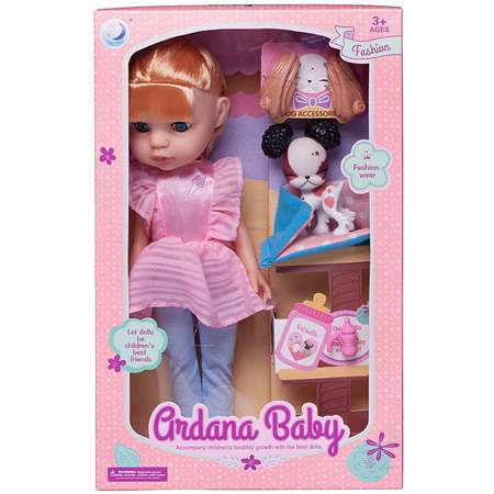 Кукла Junfa Ardana Baby в розовом платье и голубых лосинах с собачкой и аксессуарами 32см