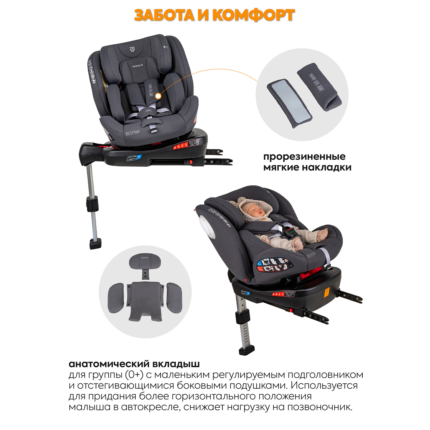 Автокресло детское JOVOLA Jet Isofix для новорожденных 0-36 кг группа 0+1+2+3 с упором в пол серый - фото 6