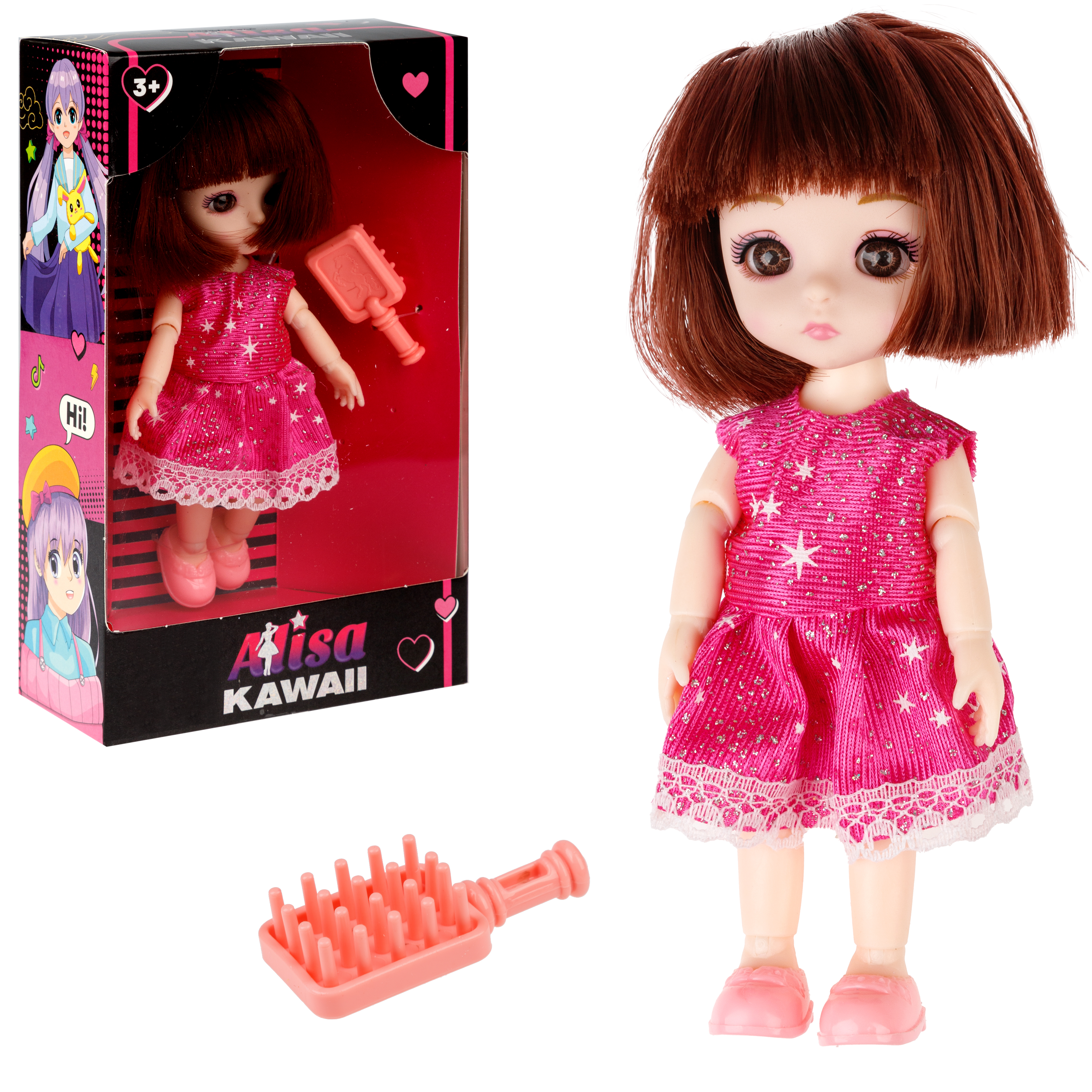 Кукла шарнирная 15 см 1TOY Alisa Kawaii mini с расчёской короткие темные волосы Т24347 - фото 13