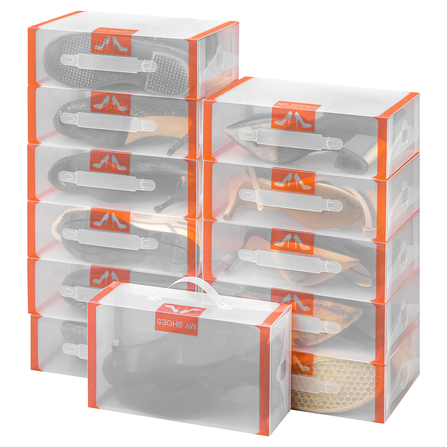 Набор коробок El Casa 12 шт для хранения женской обуви 30х18х10 см Оранжевая кайма складные с ручкой - фото 4