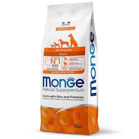 Корм для собак MONGE Dog Monoprotein всех пород утка с рисом и картофелем сухой 12кг