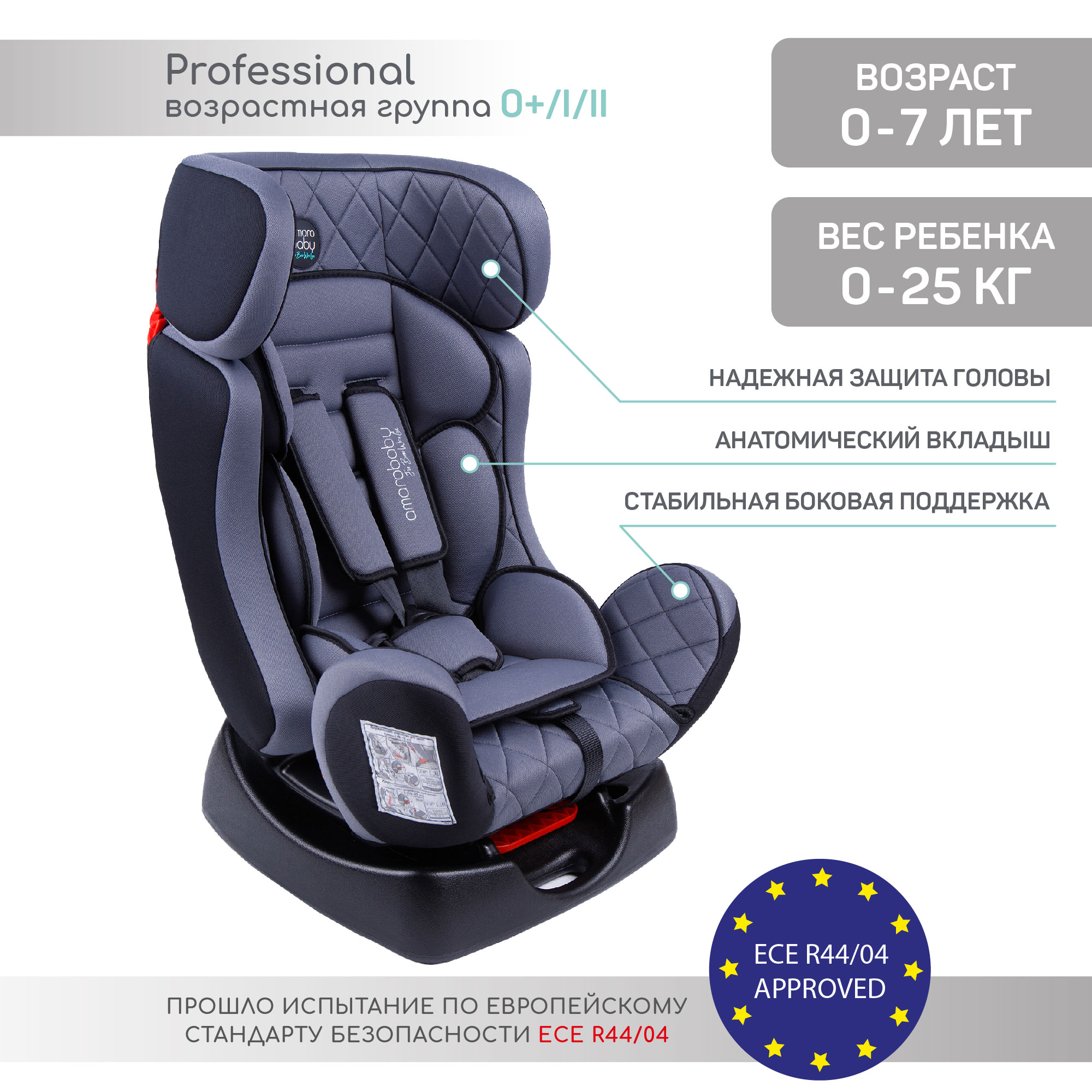 Автокресло Amarobaby Professional 0+/I/II Серый-Черный - фото 2