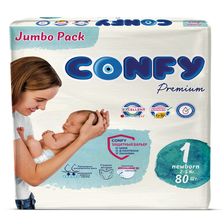 Подгузники CONFY детские Premium 2-5 кг размер 1 80 шт