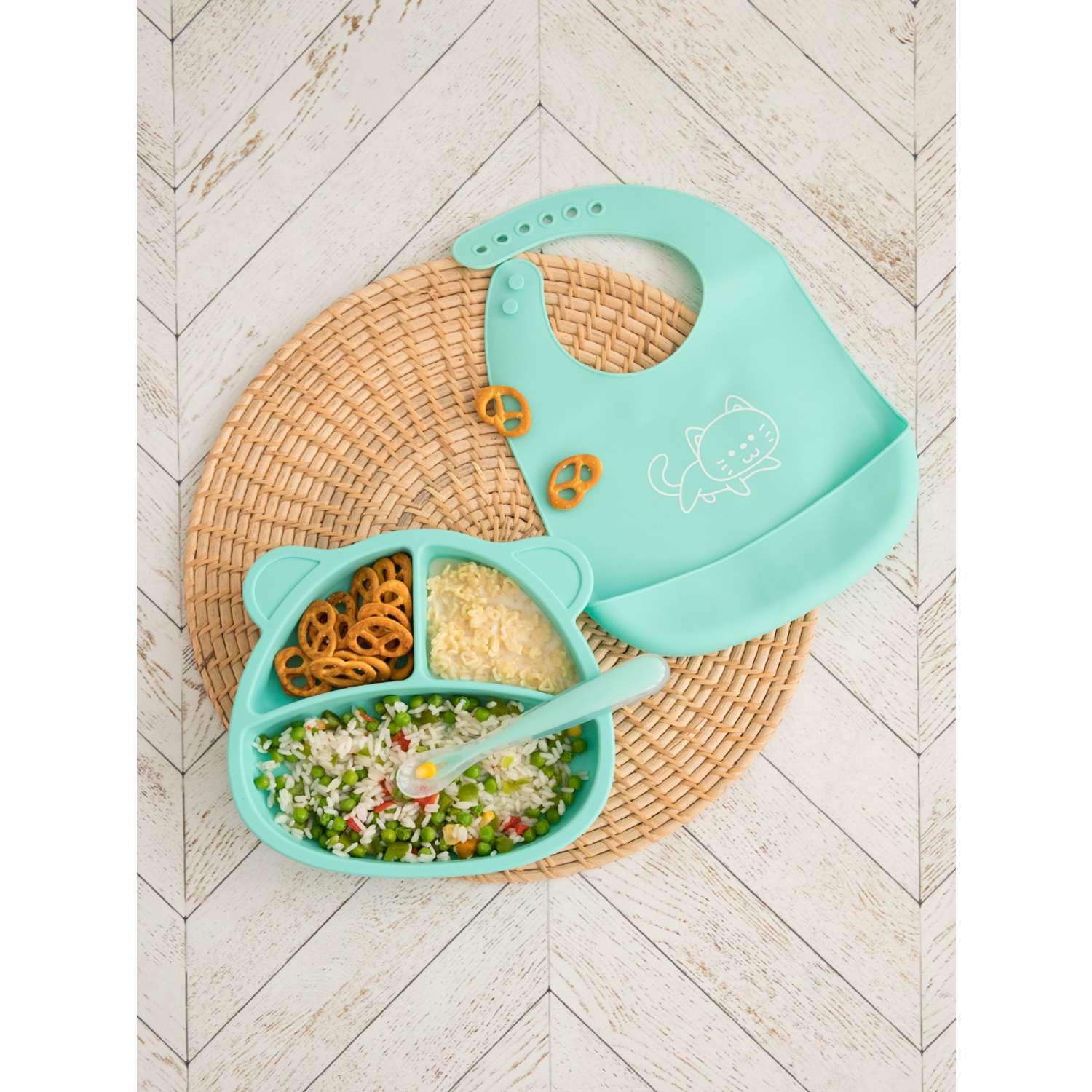 Набор посуды Baby Nice для детей с нагрудником силикон мятный - фото 2