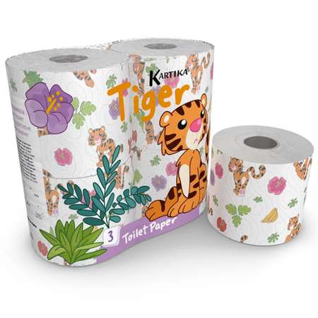 Туалетная бумага World cart с рисунком Тигр 3 слоя 4 рулона по 200 листов