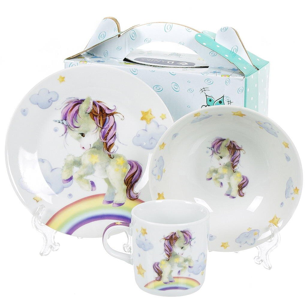 Набор детской посуды Daniks декорированной Единорог и радуга 3 предмета керамика подходит для СВЧ и ПММ - фото 2